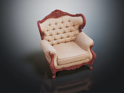 Elegant Classic Carved Wooden Frame Armchair With Beige Button Tufted Upholstery 3d model