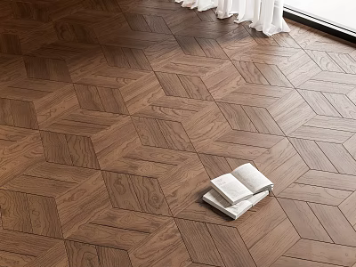 Herringbone Pattern Wooden Flooring near Window with White Curtains and Two Books 3d model
