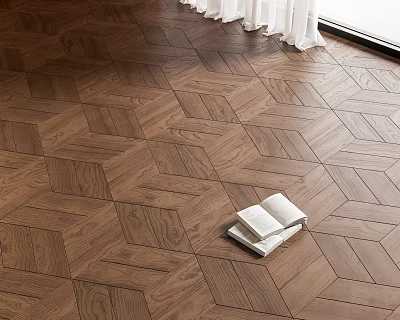 Herringbone Pattern Wooden Flooring near Window with White Curtains and Two Books 3d model