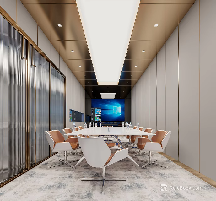 Modern Conference Room Interior With Long Table White Brown Chairs And Large Screen 3d model 