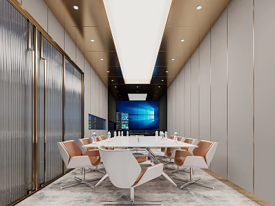 Modern Conference Room Interior With Long Table White Brown Chairs And Large Screen 3d model