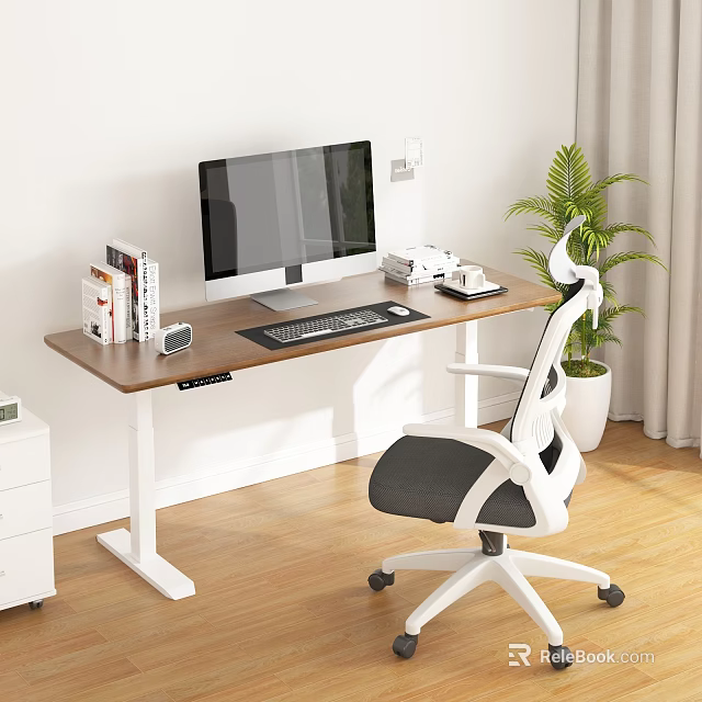 Modern Wooden Office Desk With Computer Monitor Keyboard Books Ergonomic Chair And Green Plant 3d model 