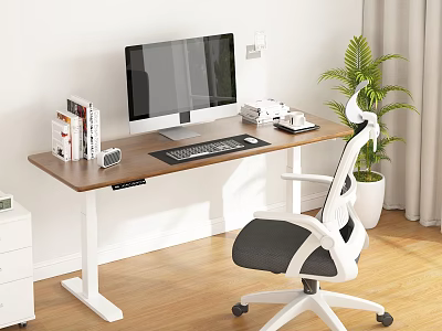 Modern Wooden Office Desk With Computer Monitor Keyboard Books Ergonomic Chair And Green Plant 3d model
