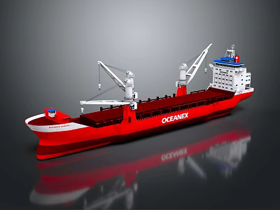Red and White OCEANET Cargo Ship Equipped With Cranes For Transport 3d model