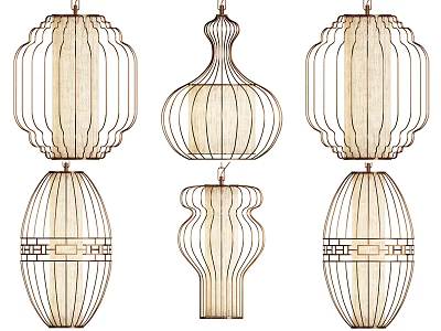 Modern Chinese Style Chandeliers With Bamboo Frames And Unique Decorative Patterns 3d model