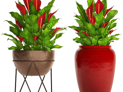 Bonsai Potted Plants with Green Red Leaves in Brown Metal Stand and Red Pot 3d model