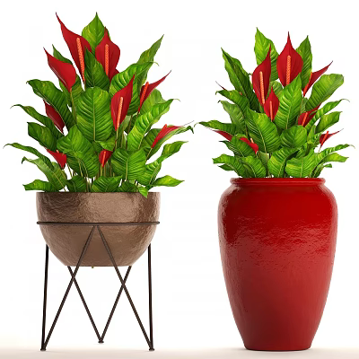 Bonsai Potted Plants with Green Red Leaves in Brown Metal Stand and Red Pot 3d model
