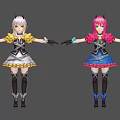 Game Anime Characters White Pink Hair Colorful Dresses Frilled Sleeves Black Boots 3D Model Design