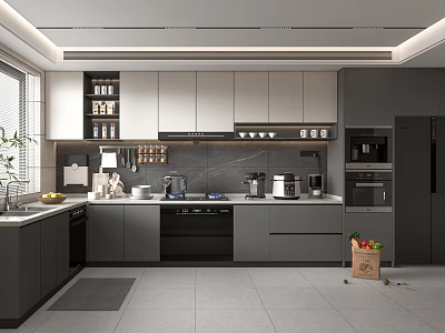 Modern Kitchen Interior With Gray Cabinets Dark Countertop Island And Appliances 3d model