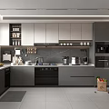 Modern Kitchen Interior With Gray Cabinets Dark Countertop Island And Appliances