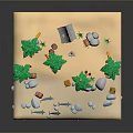 Tropical Beach Landscape with Palm Trees Sand Water Barrels Small Pyramid and Stones