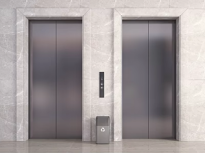 Modern Elevator Hallway With Two Elevators Marble Walls And Trash Bin 3d model