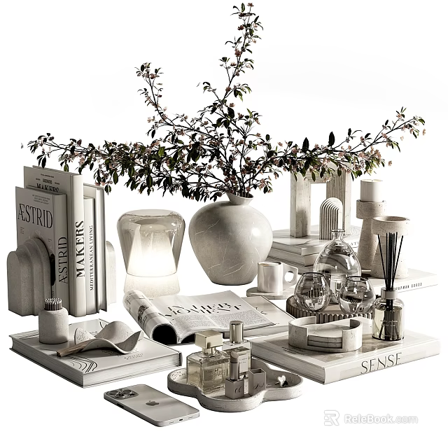 Elegant Modern Decorative Ornament Set With Ceramic Vase Foliage Books Candles And Trays 3d model 