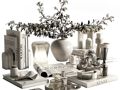 Elegant Modern Decorative Ornament Set With Ceramic Vase Foliage Books Candles And Trays 3d model