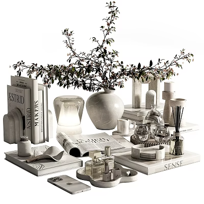 Elegant Modern Decorative Ornament Set With Ceramic Vase Foliage Books Candles And Trays 3d model
