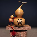 Traditional Decorative Ornament Set With Gourd Small Gourd Red String Jiu Character And Wooden Stand