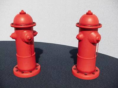 Two Red Fire Hydrants on Black Tabletop with Light Gray Background Wall 3d model