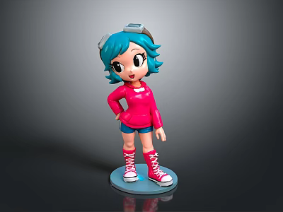 Cartoon Character Doll With Teal Hair Pink Sweater Blue Shorts Pink Boots On Blue Base 3d model