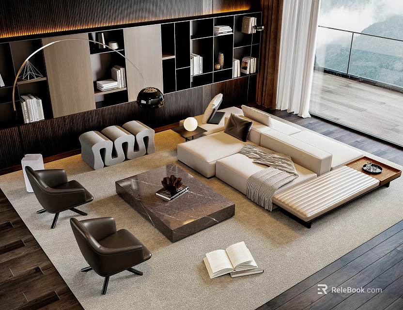 Modern Luxury Sofa Coffee Table Set In Living Room With Marble Top And Accent Chairs 3d model 