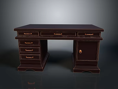 Dark Brown Office Desk with Multiple Drawers and Locker Cabinet in Classic Traditional Design 3d model