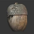 Wooden Acorn Shaped Container With Scaly Texture Lid And Weathered Cracks On Dark Background