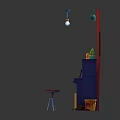 Blue Piano With Red Stool Yellow Box Green Plant And Wall Paintings On Red Background