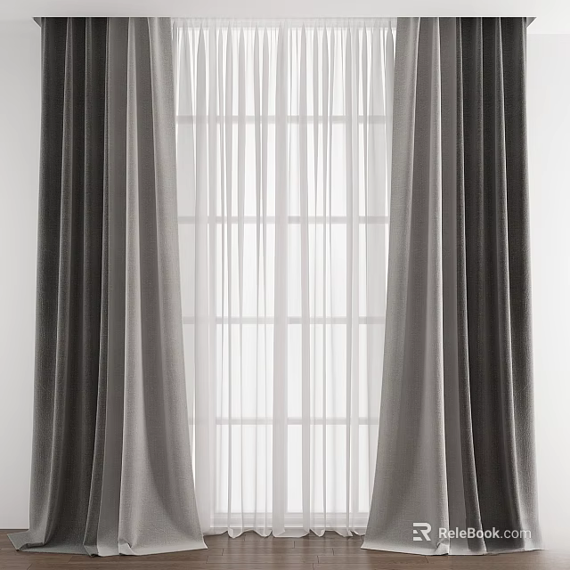 Grey Double Layer Curtains With White Sheer Panels For Natural Window Light 3d model 