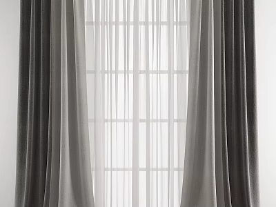 Grey Double Layer Curtains With White Sheer Panels For Natural Window Light 3d model