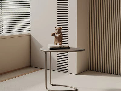 Modern Minimalist Side Table with Bear Sculpture and Stack of Books Near Window Blinds 3d model