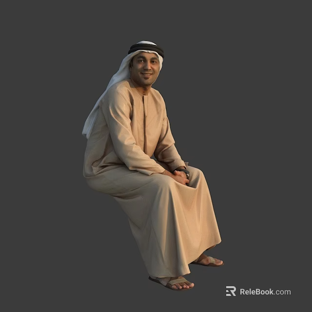 Middle Eastern Man In Traditional Thobe And Headscarf Sitting Smiling Portrait 3d model 