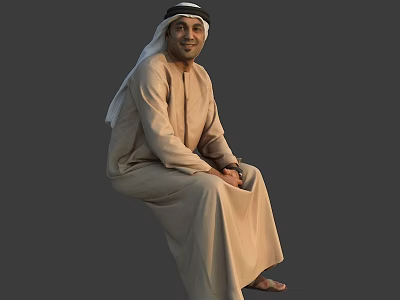 Middle Eastern Man In Traditional Thobe And Headscarf Sitting Smiling Portrait 3d model
