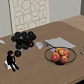 Fresh Cherries and Peaches in Glass Bowls on Wooden Table with Magazine Leaf and Figurine