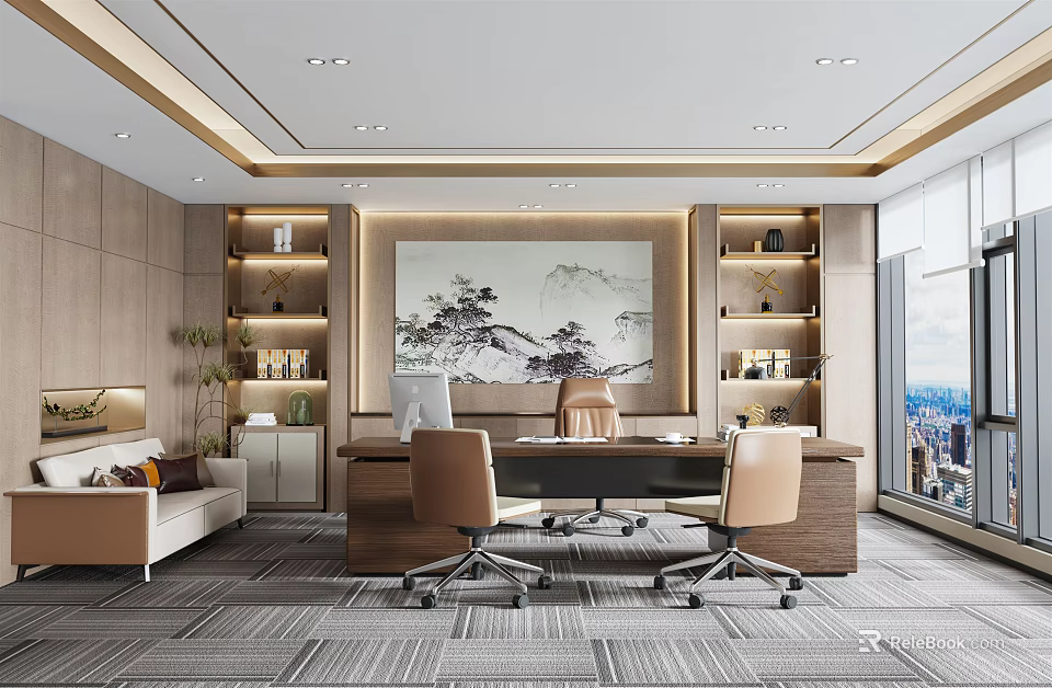Modern Executive Office Interior With Chinese Landscape Painting Wooden Bookshelves Desk Chairs Sofa And City View 3d model 