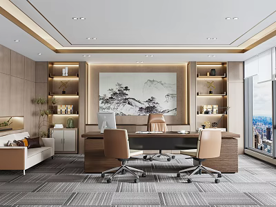 Modern Executive Office Interior With Chinese Landscape Painting Wooden Bookshelves Desk Chairs Sofa And City View 3d model