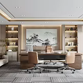 Modern Executive Office Interior With Chinese Landscape Painting Wooden Bookshelves Desk Chairs Sofa And City View
