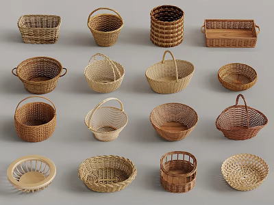 Assorted Woven Storage Baskets in Natural Colors with Various Shapes for Home Organization 3d model