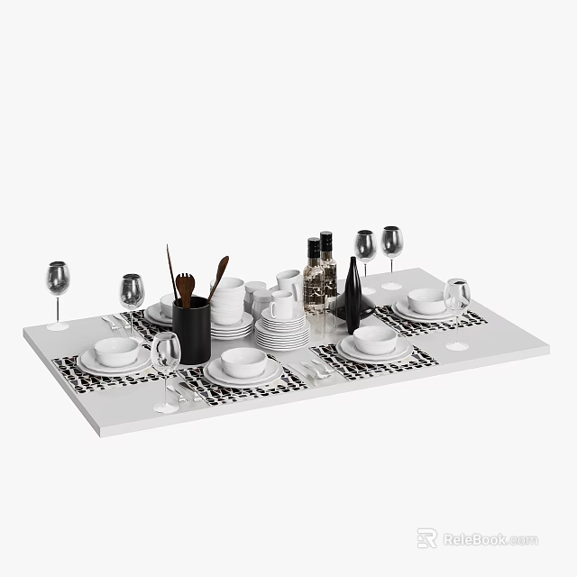 Modern White Tableware Set With Plates Cups Wine Glasses And Cutlery 3d model 