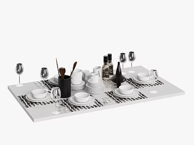 Modern White Tableware Set With Plates Cups Wine Glasses And Cutlery 3d model