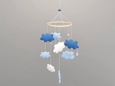 Cute Blue White Cloud Fabric Mobile With Wooden Ring For Nursery Baby Room Decor 3d model