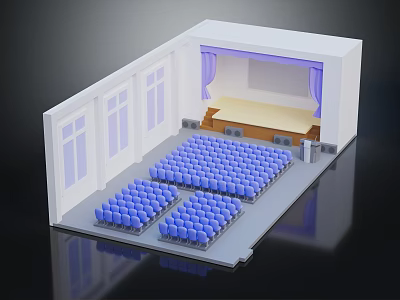 Modern Auditorium Scene With Blue Seats Stage Purple Curtains And White Walls 3d model