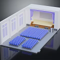 Modern Auditorium Scene With Blue Seats Stage Purple Curtains And White Walls