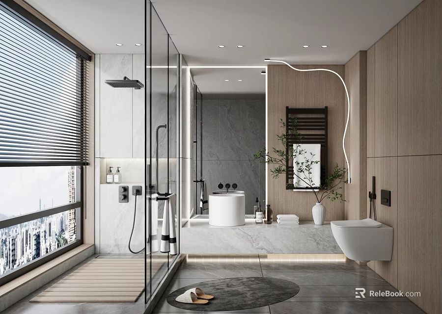 Modern Bathroom Interior Design With Glass Shower Wooden Walls Large Mirror And Freestanding Bathtub 3d model 