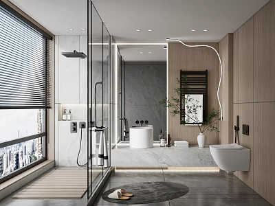 Modern Bathroom Interior Design With Glass Shower Wooden Walls Large Mirror And Freestanding Bathtub 3d model