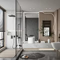 Modern Bathroom Interior Design With Glass Shower Wooden Walls Large Mirror And Freestanding Bathtub