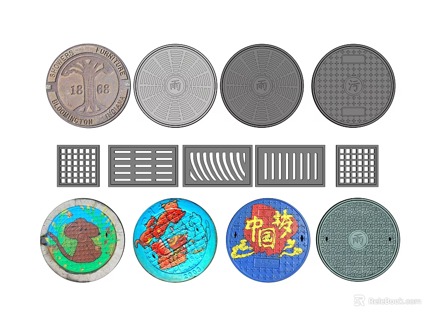 Various Road Infrastructure Manhole Covers And Drainage Grates With Diverse Patterns 3d model 