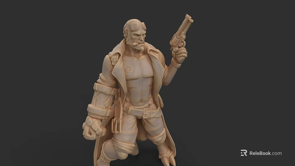 Muscular Bearded Male Game and Movie Character Wearing Trench Coat Holding Gun in Action Pose 3d model 