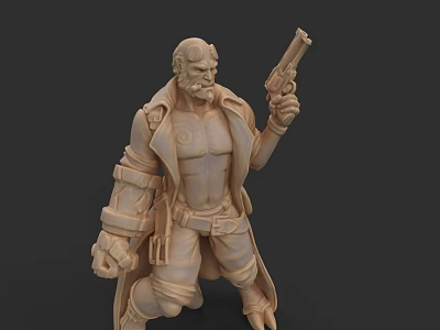 Muscular Bearded Male Game and Movie Character Wearing Trench Coat Holding Gun in Action Pose 3d model