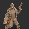 Muscular Bearded Male Game and Movie Character Wearing Trench Coat Holding Gun in Action Pose