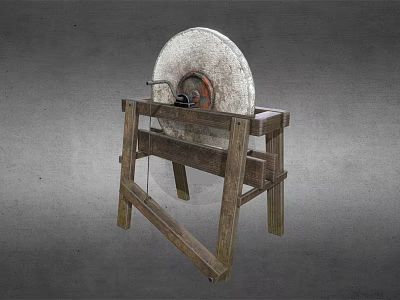 Traditional Rustic Garden Ornament With Large Stone Wheel And Wooden Stand 3d model