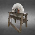 Traditional Rustic Garden Ornament With Large Stone Wheel And Wooden Stand